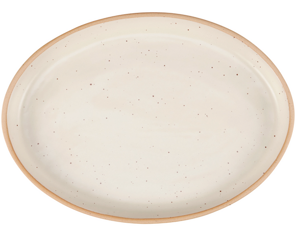 Cream stoneware serving platter 

This durable stoneware platter features a cottage cream color on the outside and inside with bare ceramic accents on the rim. This platter is microwave, dishwasher, and food safe for convenient use. It is an elegant piece of tableware perfect for everyday gatherings.

Materials:
Stoneware

Dimensions:
9