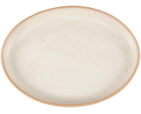 Cream stoneware serving platter&nbsp;

This durable stoneware platter features a cottage cream color on the outside and inside with bare ceramic accents on the rim. This platter is microwave, dishwasher, and food safe for convenient use. It is an elegant piece of tableware perfect for everyday gatherings.

Materials:
Stoneware

Dimensions:
9" wide x 1" deep x 12 1/2" long