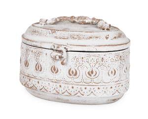 Round vintage ivory decorative trinket box

Store small items like jewelry and buttons with this adorable box. Made of metal, it features an ivory distressed finish and ornate detailing. This box would make for a great birthday gift.

Materials:
Metal

Dimensions:
5" high x 7 1/2" long