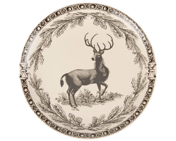 Decorative plate with a deer illustration and decorative border on a beige background