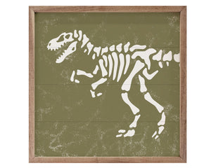 This unique tyrannosaurus rex-themed piece is a fun way to bring charm to a playroom or kid's bedroom. It is made from high quality American hardwood planks with a hand painted face, and printed with UV cured ink, and it is framed in a natural walnut frame. Each piece is unique with its own personality, marks, wood grain, and look.&nbsp;

This item is proudly made in the USA.

Materials:
Wood

Dimensions:
16" wide x 1 1/2" deep x 16" high