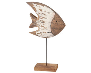 Butterfly fish shelf sitter

This decorative butterfly fish features a driftwood-inspired design that is made of natural wood with painted accents and distressed details. It features aged metal accents and sits on a metal stake attached to a wood base for a floating appearance. It is designed to stand on any flat surface making it easy to display.

Materials:
Wood, material

Dimensions:
6" wide x 2 1/4" deep x 9 3/4" high