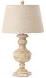 Beige table lamp with a textured base on a white background