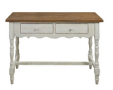 A rustic two-drawer console table with a distressed white painted frame and a natural brown wood top, shown against a plain white background.