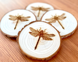 Wooden coasters with dragonfly designs on a wooden surface