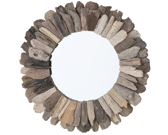 Round mirror with a decorative frame made of stacked wooden planks on a white background
