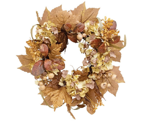 Garden harvest autumn wreath

This decorative floral wreath features a natural gathered twig base. The wreath is filled with brown and gold autumnal foliage, and it features ivory berries and branches of floral buds for a dynamic look. Display this wreath on a door or wall for a cozy rustic welcome to the home during fall.

Materials:
Wood, silk, fabric, plastic

Dimensions:
7 1/2