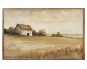 Painting of a barn in a field with a wooden frame