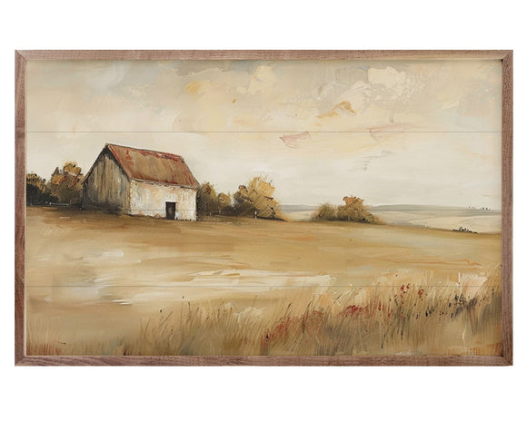 Painting of a barn in a field with a wooden frame