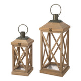 Two wooden lanterns with crisscross lattice sides and metal top handles, shown on a plain white background.