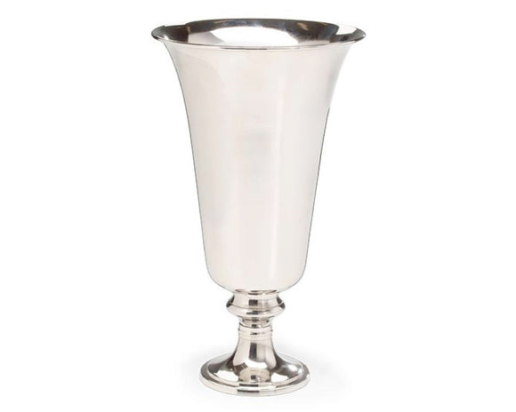 Large silver tone metal flared vase on pedestal