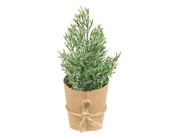 This miniature tree makes a sweet and simple addition sitting on a riser or tray, or dotted along a shelf or mantle during the holidays. It is lightly flocked. Each artificial tree is wrapped in thick brown paper, tied with jute string, and features a dark green coloring.

These trees are sold individually, as well as in lots of three and lots of six.