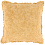 Textured yellow pillow with intricate patterns on a white background