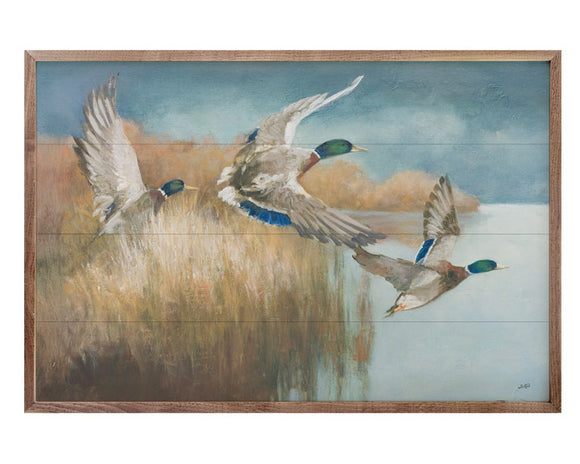 This unique piece featuring mallard ducks is a simple way to bring beauty and charm to any wall in your home. It is made from high quality American hardwood planks with a hand painted face, and printed with UV cured ink, and is framed in a natural walnut frame. Each piece is unique with its own personality, marks, wood grain, and look. This would look beautiful in a bedroom or living room. 

This piece is by Julia Purinton and is proudly made in the USA.