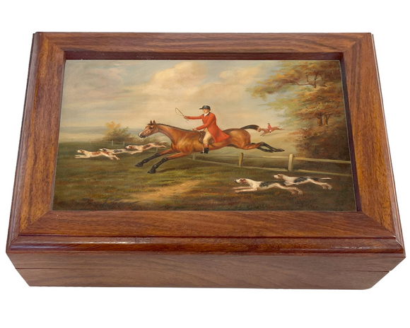 Wooden box with a painting of a horse and hunters on the lid