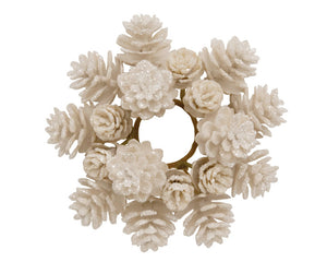 Decorative wreath made of white pinecones on a white background