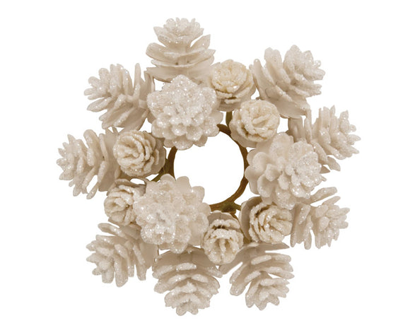 Decorative wreath made of white pinecones on a white background
