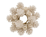 Decorative wreath made of white pinecones on a white background