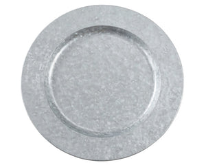 Galvanized metal plate charger&nbsp;

Adorn your dinnerware with classic farmhouse charm. This galvanized charger will complete your table setup. It is perfect for dinners at home, weddings, and more.

This item is sold individually, as well as in lots of four, lots of six, lots of 12, and lots of 20.

