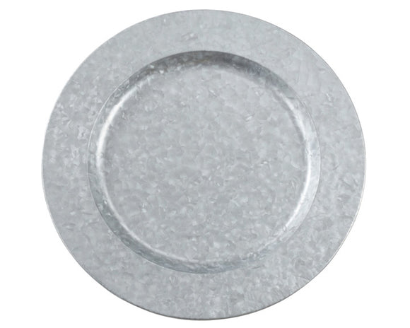 Galvanized metal plate charger 

Adorn your dinnerware with classic farmhouse charm. This galvanized charger will complete your table setup. It is perfect for dinners at home, weddings, and more.

This item is sold individually, as well as in lots of four, lots of six, lots of 12, and lots of 20.
