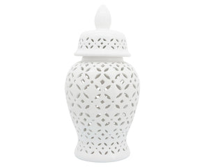 Elevate your decor with this stunning white ceramic jar featuring intricate cutout patterns. Its timeless design adds sophistication to any home or living room, making it a perfect accent piece for classic interiors. Its sturdy stoneware build is resistant to chipping and fading, offering a lasting statement piece for your bedroom, office, or entryway. Ideal for tabletops or console tables, this elegant white jar blends seamlessly with various decor styles. Whether placed alone or paired with other pieces, 