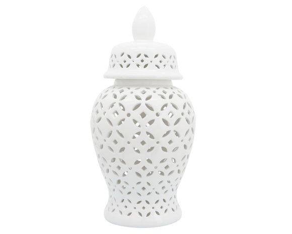 Elevate your decor with this stunning white ceramic jar featuring intricate cutout patterns. Its timeless design adds sophistication to any home or living room, making it a perfect accent piece for classic interiors. Its sturdy stoneware build is resistant to chipping and fading, offering a lasting statement piece for your bedroom, office, or entryway. Ideal for tabletops or console tables, this elegant white jar blends seamlessly with various decor styles. Whether placed alone or paired with other pieces, 