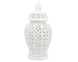 Elevate your decor with this stunning white ceramic jar featuring intricate cutout patterns. Its timeless design adds sophistication to any home or living room, making it a perfect accent piece for classic interiors. Its sturdy stoneware build is resistant to chipping and fading, offering a lasting statement piece for your bedroom, office, or entryway. Ideal for tabletops or console tables, this elegant white jar blends seamlessly with various decor styles. Whether placed alone or paired with other pieces, 