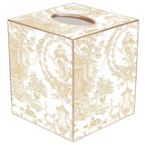 Traditional beige &amp; gold toile wooden tissue box cover

This beige toile decoupage tissue box cover is handmade to order by a wonderful team in Houston. They easily slide over any cubed tissue box cover. The artwork is hand-cut, decoupaged, and polished. Each tissue box cover is hand-painted in gold around the edges as the finishing touch.

This item is proudly made in the USA.

Materials:
Wood

Dimensions:
5" wide x 5" deep x 5 1/4" high