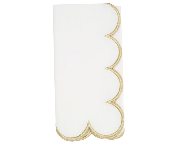 Gold & white cloth napkin with scallop hem

Infuse elegance into your table setting with these napkins. The delicate scalloped edges bring a touch of sophistication to every meal. Elevate your dining experience with these timeless and refined napkins.

Materials:
Cotton

Dimensions:
20