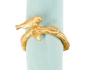 Gold bird napkin ring

This napkin ring features a gold color and sculpted bird on a branch on ring. It includes attached an gold ring with a sculpted branch design that easily slips over rolled napkin and, when not in use, can be added to table setting as a seasonal accent. This is a charming tabletop accessory perfect for seasonal gatherings.

Materials:
Metal

Dimensions:
3" diameter