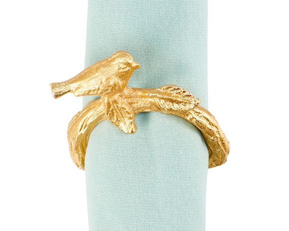 Gold bird napkin ring

This napkin ring features a gold color and sculpted bird on a branch on ring. It includes attached an gold ring with a sculpted branch design that easily slips over rolled napkin and, when not in use, can be added to table setting as a seasonal accent. This is a charming tabletop accessory perfect for seasonal gatherings.

Materials:
Metal

Dimensions:
3