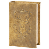  This small decorative book box is inspired by rustic cabin decor. It features a textured faux leather wrap displaying the exterior of a vintage book with an aged metallic gold finish on an embossed deer emblem design. It also displays a coordinating embossed gold design on its side to give the appearance of a book spine when on a shelf. 