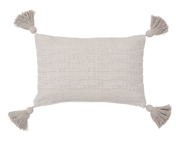 Dune gray lumbar pillow with tassels 

This handwoven pillow features a solid color that acts as a base layer, letting you mix and match with your favorite patterns and textures to build a one-of-a-kind pillow story. It is made with a cotton blend fabric dyed in a dune gray color. Each corner is accented with a matching tassel.

This item is proudly made in the USA.

Materials:
Cotton blend, polyester fill

Dimensions:
14