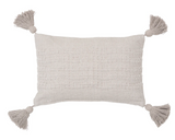 Dune gray lumbar pillow with tassels&nbsp;

This handwoven pillow features a solid color that acts as a base layer, letting you mix and match with your favorite patterns and textures to build a one-of-a-kind pillow story. It is made with a cotton blend fabric dyed in a dune gray color. Each corner is accented with a matching tassel.

This item is proudly made in the USA.

Materials:
Cotton blend, polyester fill

Dimensions:
14" high x 4" deep x 22" wide