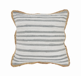 Gray &amp; white striped jute throw pillow

Enhance your home with every day contemporary style and a hint of rustic feel. This throw pillow features textured flanged edges of braided natural jute for a refined, natural look. A covered zipper on the back allows for easy removal of the down-filled insert for cleaning.

Materials:
Jute, cotton blend, down-filled insert

Care:
Spot-clean only. Do not pull loose fibers. Clip and remove loose ends with scissors.