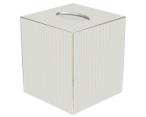 This gray striped decoupage tissue box cover is handmade to order by a wonderful team in Houston. They easily slide over any cubed tissue box cover. The artwork is hand-cut, decoupaged, and polished. Each tissue box cover is hand-painted in silver around the edges as the finishing touch.

This item is proudly made in the USA.