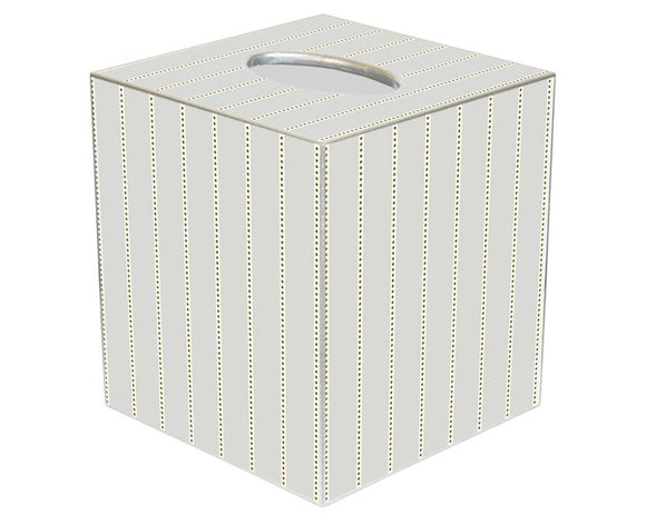 This gray striped decoupage tissue box cover is handmade to order by a wonderful team in Houston. They easily slide over any cubed tissue box cover. The artwork is hand-cut, decoupaged, and polished. Each tissue box cover is hand-painted in silver around the edges as the finishing touch.

This item is proudly made in the USA.