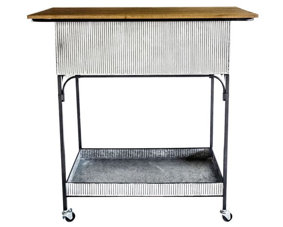 Trolley with wooden top and metal wire shelves on a white background