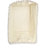 Beige mesh bag with gray border and white buttons on a white background