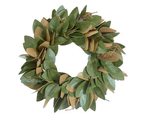 Every Southern home should have a magnolia wreath. This beautiful wreath features traditional green and brown leaves made of rubber atop a pine straw base. At almost 2 feet in diameter, this wreath is large enough to display above a fireplace or extra long dining room server.&nbsp;   Materials: Rubber, pine straw  Dimensions: 7" deep x 23" in diameter