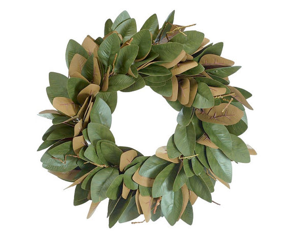 Every Southern home should have a magnolia wreath. This beautiful wreath features traditional green and brown leaves made of rubber atop a pine straw base. At almost 2 feet in diameter, this wreath is large enough to display above a fireplace or extra long dining room server.    Materials: Rubber, pine straw  Dimensions: 7