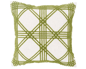 Green geometric patterned pillow on a white background