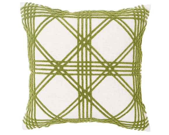 Green geometric patterned pillow on a white background
