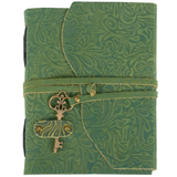 Green textured notebook with a decorative key lock on a white background