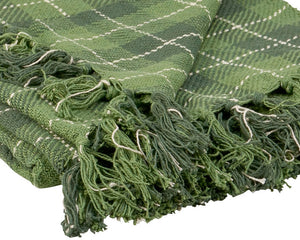 This cotton throw blanket displays a vintage style green tartan design with tassels on top and bottom edge. It is large enough to give plenty of coverage to accent furniture or to cozy up under the blanket. This throw blanket is conveniently machine washable for easy cleaning. This blanket can be used year round but is also great for the holidays.