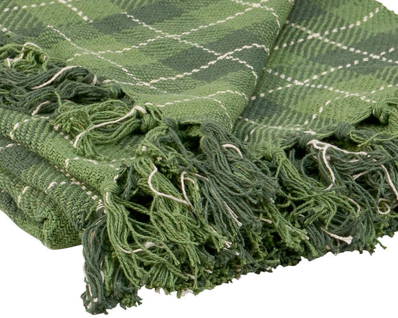 This cotton throw blanket displays a vintage style green tartan design with tassels on top and bottom edge. It is large enough to give plenty of coverage to accent furniture or to cozy up under the blanket. This throw blanket is conveniently machine washable for easy cleaning. This blanket can be used year round but is also great for the holidays.