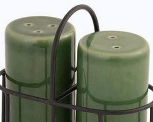 Enhance your dining table with this elegant ceramic salt and pepper shaker set. Featuring a deep green glaze, the shakers come with a sturdy black metal holder for easy storage and portability. This functional and stylish set is perfect for everyday use or special occasions, adding a modern touch to your dining experience.