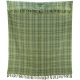 Green plaid blanket with fringed edges on a white background