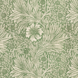 Decorative pattern with green leaves and flowers on a green background