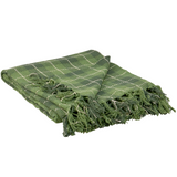 Green plaid blanket with fringes on a white background